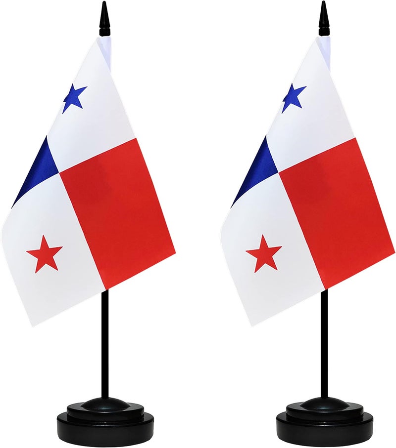 BCLin Panama Desk Flag Set, 2 Pack Panamanian Table Office Flags, Small Mini Desktop Flag With 12" Solid Black Pole, Black Base, Miniature Desktop Flag - Image 1